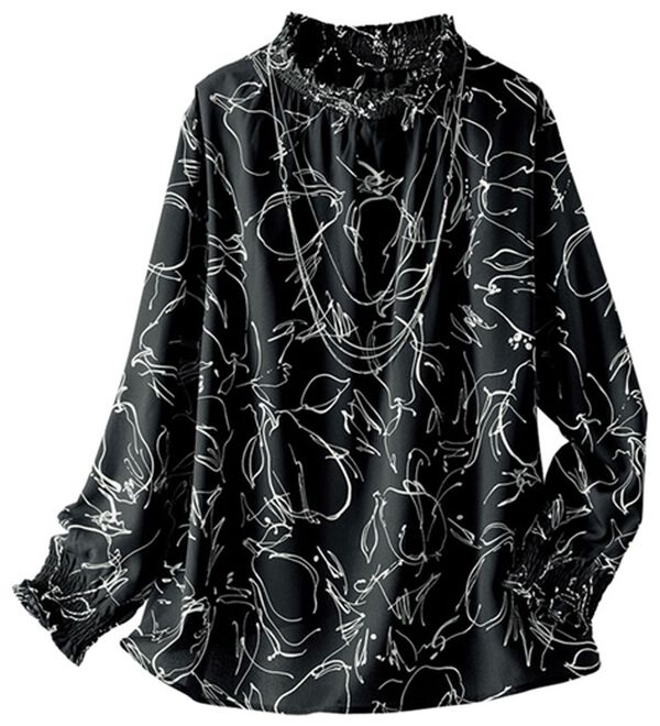 BELLUNA（ベルーナ）の「洋ナシ風プリントシャーリング使いブラウス（ブラウス）」｜黒