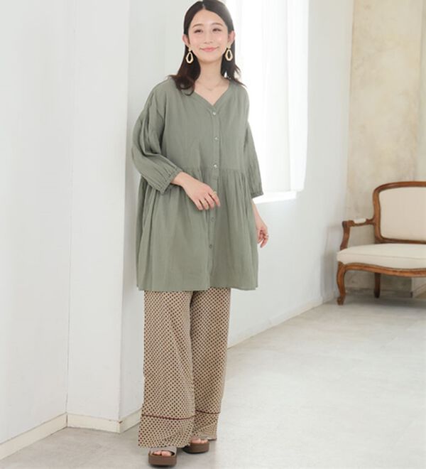 A HAPPY MARILYN（アハッピーマリリン）の「【Ｌ～６Ｌ】【風通るプレミアム】綿・楊柳、七分袖ウエストギャザーブラウス。（ブラウス）」｜詳細画像