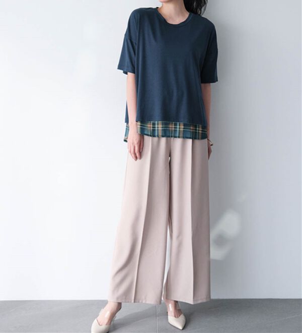 RANAN（ラナン）の「チェック柄異素材使いTシャツ（カットソー）」｜詳細画像