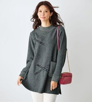 BELLUNA（ベルーナ）の「ロゴテープデザインニット切替チュニック（チュニック）」｜杢グレー