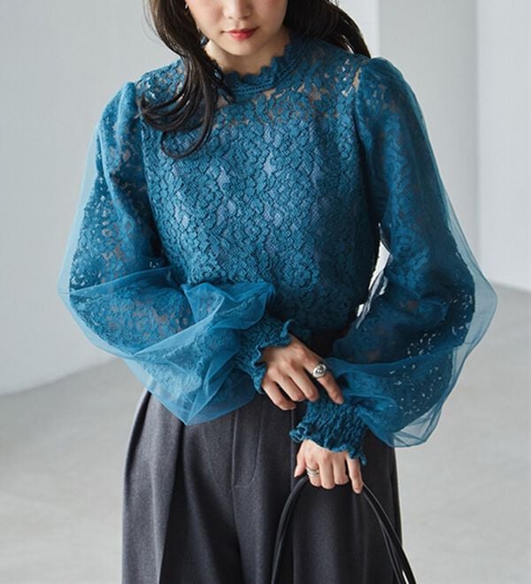 RANAN（ラナン）の「チュールドッキングフラワーレースキャンディースリーブブラウス（ブラウス）」｜詳細画像