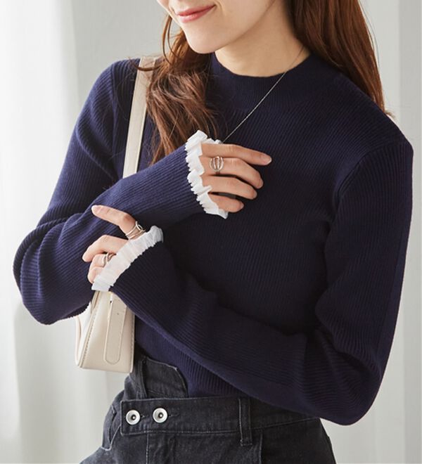 RANAN（ラナン）の「【春色追加】シアーフリル袖ハイネックリブニット（ニット・セーター）」｜ネイビー