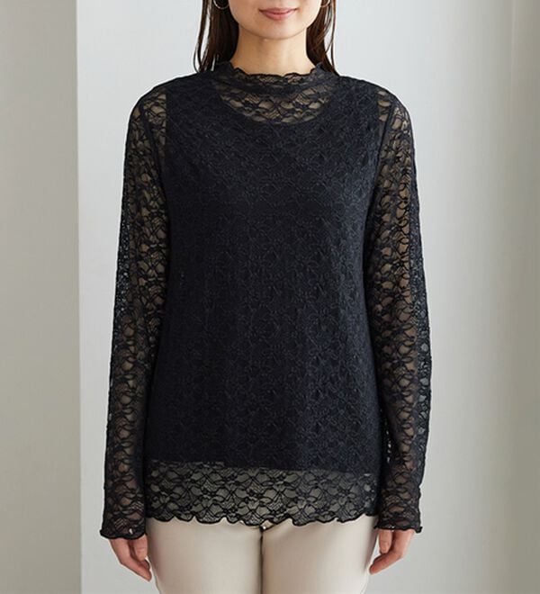 BELLUNA（ベルーナ）の「【重ね着にぴったり♪】のびやかレース素材メロー使いインナー（カットソー）」｜詳細画像