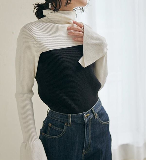 ムースタッチ＞洗える！バイカラータートルリブニット - ベルーナ【公式】