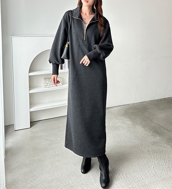 GeeRA（ジーラ）の「ハーフジップハイネック裏起毛ワンピース（カットソーワンピース）」｜詳細画像