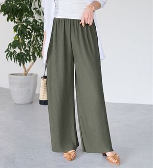 Viola e Viola（ヴィオラ エ ヴィオラ）の「【５つの機能付】丈切れる！楽ちんジャカードパンツ（ワイドパンツ・ガウチョ）」｜カーキ