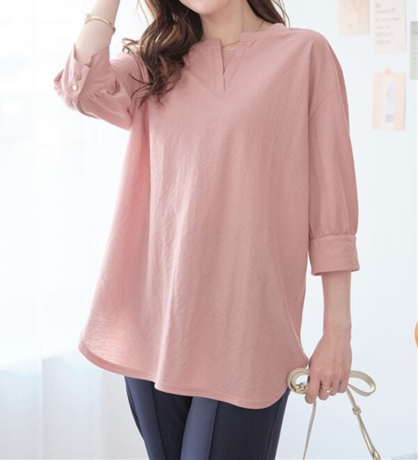 alotta（アロッタ）の「【接触冷感】６分袖衿フェイク裾ラウンドチュニック（チュニック）」｜詳細画像