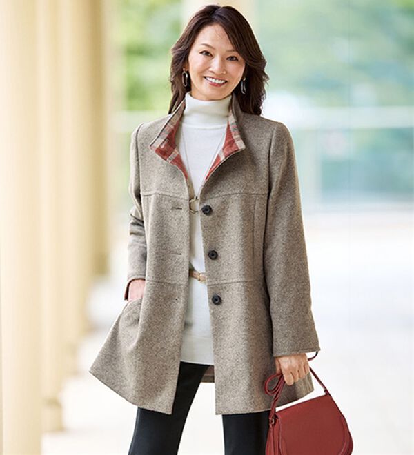 BELLUNA（ベルーナ）の「ミックス調ウール混素材チェック使い切替コート（ハーフコート）」｜杢モカ系