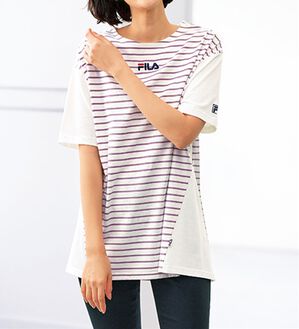 BELLUNA（ベルーナ）の「＜ＦＩＬＡ＞汗ジミ対策！配色切替ボーダープルオーバー（カットソー）」｜オフ白／ピンク