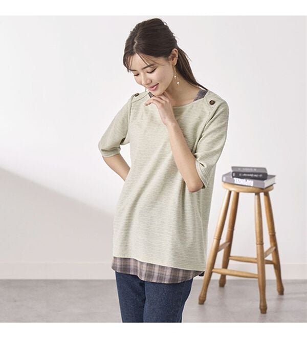 BELLUNA（ベルーナ）の「ひんやり冷感！タックジャカード素材重ね着風プルオーバー（カットソー）」｜詳細画像