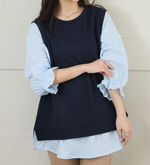 A HAPPY MARILYN（アハッピーマリリン）の「【Ｌ～６Ｌ】華奢魅せ&times;お洒落さっと着てパッと可愛い１枚で完成ドッキングトップス（カットソー）」｜ネイビー&times;無地