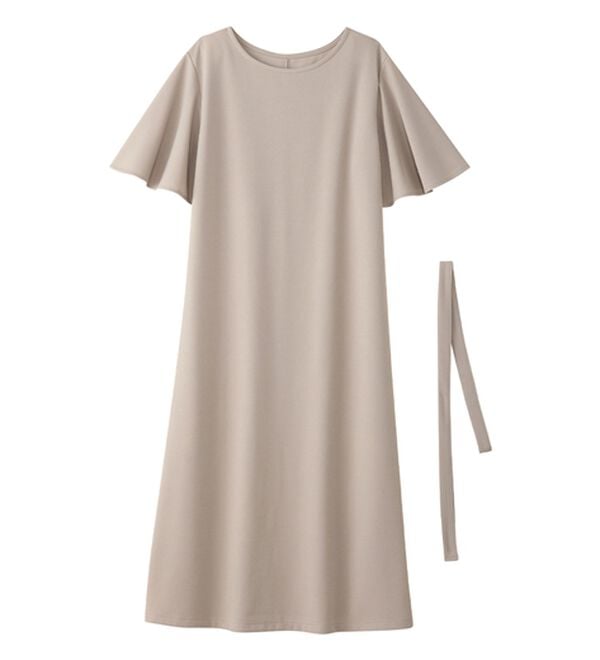 alotta（アロッタ）の「【4つの機能付】ひんやりフレア袖ベルト付ゆるワンピース（カットソーワンピース）」｜グレージュ