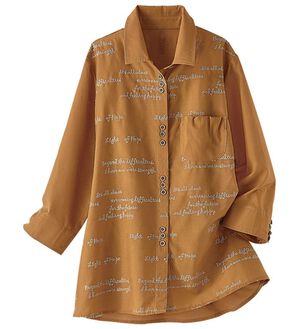 BELLUNA（ベルーナ）の「英字刺しゅうゆったりシャツブラウス（シャツ）」｜オレンジ