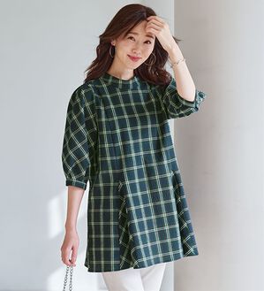 BELLUNA（ベルーナ）の「着痩せ！サッカー素材切替ブラウス（ブラウス）」｜ネイビーチェック