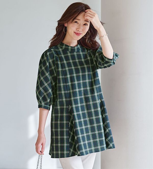 BELLUNA（ベルーナ）の「着痩せ！サッカー素材切替ブラウス（ブラウス）」｜ネイビーチェック