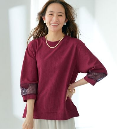 BELLUNA（ベルーナ）の「ジャカード素材袖メッシュレースプルオーバー（カットソー）」