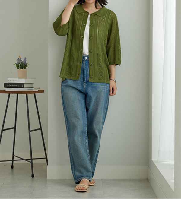 BELLUNA（ベルーナ）の「衿付き透かし編みニットカーディガン（ニットカーディガン）」｜詳細画像