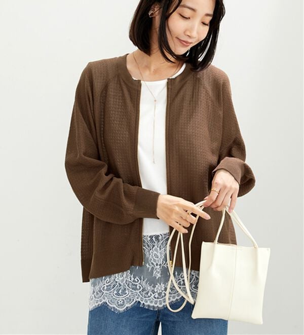 BELLUNA（ベルーナ）の「ジッパー使い透かし編ニットカーディガン（ニットカーディガン）」｜ブラウン