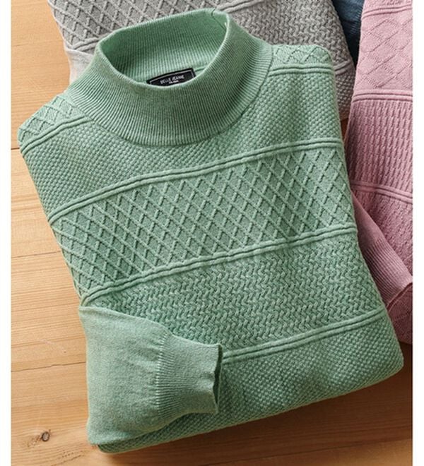 「コットンシルク編地柄セーター（メンズニット・セーター）」｜セージ