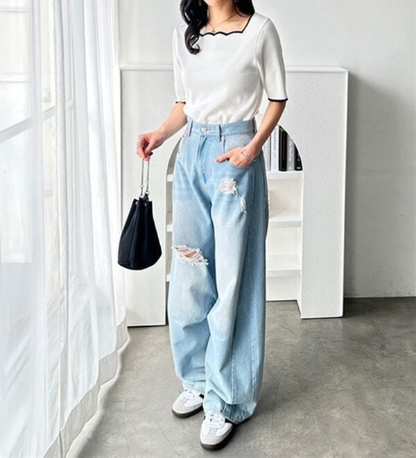 GeeRA（ジーラ）の「配色スカラップ５分袖ニット（ニット・セーター）」｜詳細画像