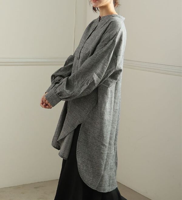 A HAPPY MARILYN（アハッピーマリリン）の「【ＬＬ～８Ｌ】フランネル チェック バンドカラー 裾ラウンド チュニック（チュニックワンピース）」｜グレンチェック