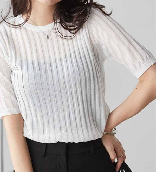 RANAN（ラナン）の「5分袖シアーラメリブニット（ニット・セーター）」｜詳細画像