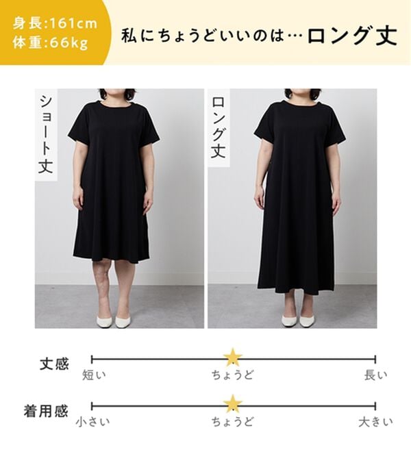 Viola e Viola（ヴィオラ エ ヴィオラ）の「ひんやり＆シワになりにくい　丈が選べる！エンボス素材Ａラインワンピース（カットソーワンピース）」｜詳細画像