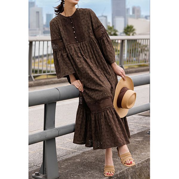 RANAN（ラナン）の「綿レース刺しゅうワンピース（その他ワンピース）」｜ダークブラウン