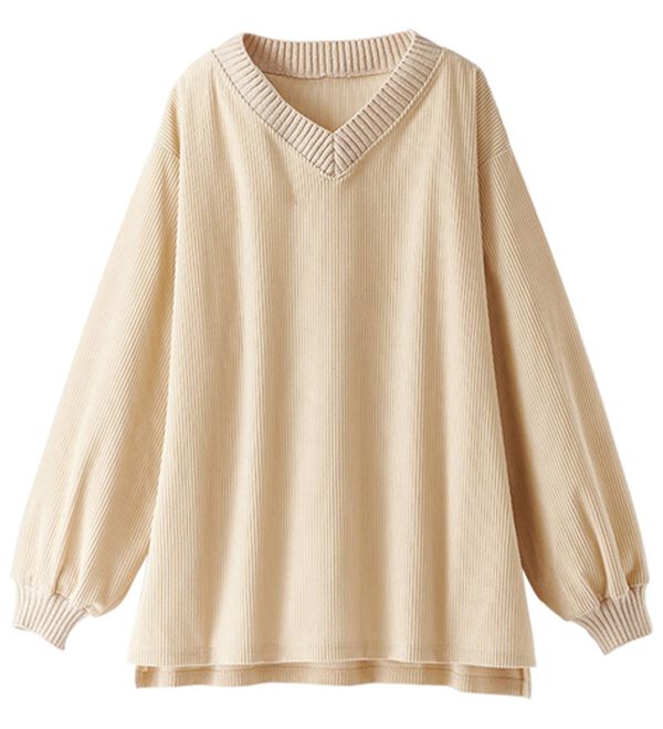 BELLUNA（ベルーナ）の「ニットリブＶネックコーデュロイプルオーバー（カットソー）」｜アイボリー