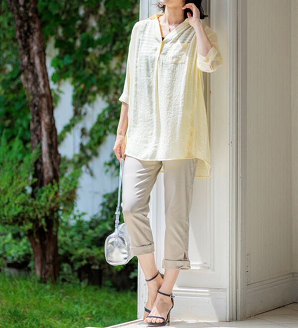 BELLUNA（ベルーナ）の「ヒンヤリ&times;サラリ速乾！綿サテンストレッチ裾リボンクロップドパンツ（クロップドパンツ）」｜詳細画像