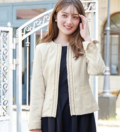 【RENA RANGE】ノーカラージャケット L ポケット ベージュ グレージュ SL】【秋冬】ホック留めノーカラージャケット/グレー/RE:NEWOOL