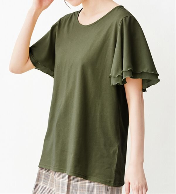 Viola e Viola（ヴィオラ エ ヴィオラ）の「【５つの機能付】袖シフォンゆるＴシャツ（Tシャツ）」｜カーキ