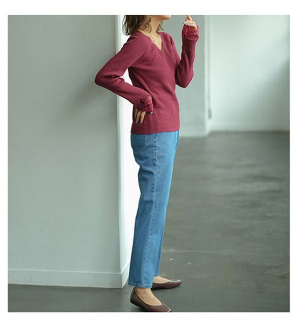 GeeRA（ジーラ）の「レース付Ｖネックリブニットトップス（ニット・セーター）」｜詳細画像