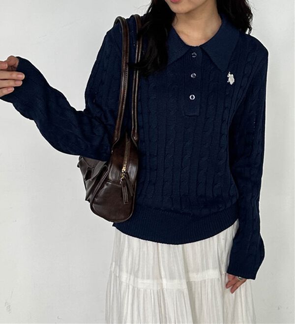 RANAN（ラナン）の「＜Ｕ．Ｓ．Ｐ＞刺繍長袖ケーブルポロニット（ニット・セーター）」｜詳細画像