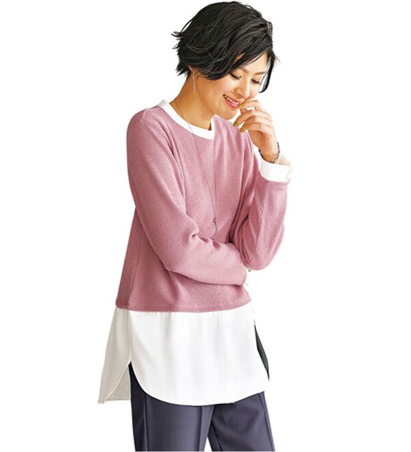 BELLUNA（ベルーナ）の「杢調素材シャツレイヤード風チュニック（チュニック）」｜ピンク