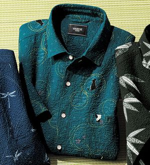 「さらっと快適和柄シャツ（メンズシャツ）」｜グリーン(ネコ)
