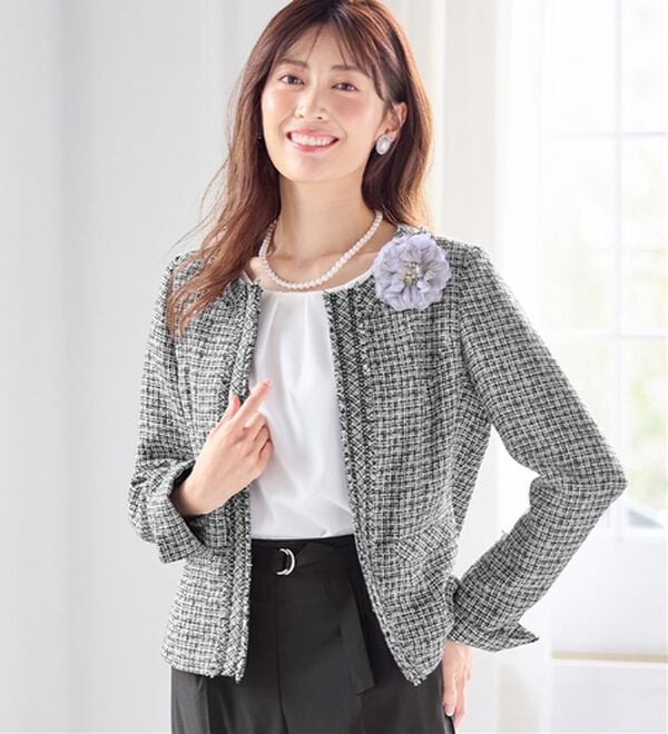 alotta（アロッタ）の「入学式卒業式に！フリンジ使いツイードノーカラージャケット＜Ｍ～５Ｌ＞（ノーカラージャケット）」｜詳細画像