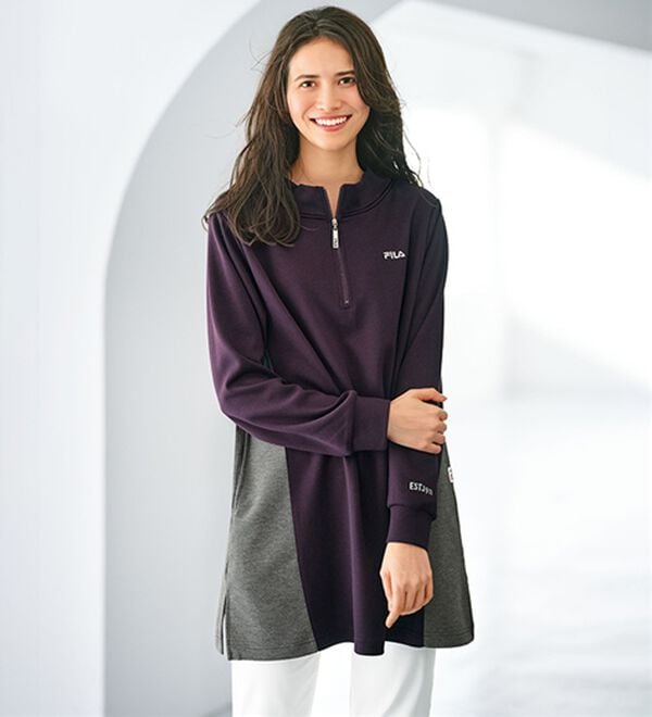 BELLUNA（ベルーナ）の「＜ＦＩＬＡ＞とろみ素材配色切替ハーフジップ使いチュニック（チュニック）」｜ワイン系