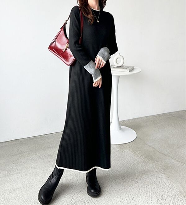 全骨格細見え！配色リブニットワンピース - ベルーナ【公式】