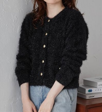 RANAN（ラナン）の「ゴールド調ボタンラメシャギーカーディガン（ニットカーディガン）」