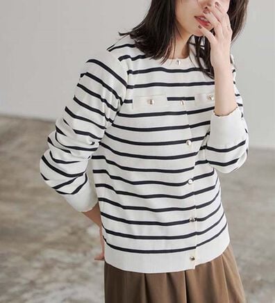 Pierrot（ピエロ）の「上品見えスポンジニットゴールドボタンカーディガン（ニットカーディガン）」