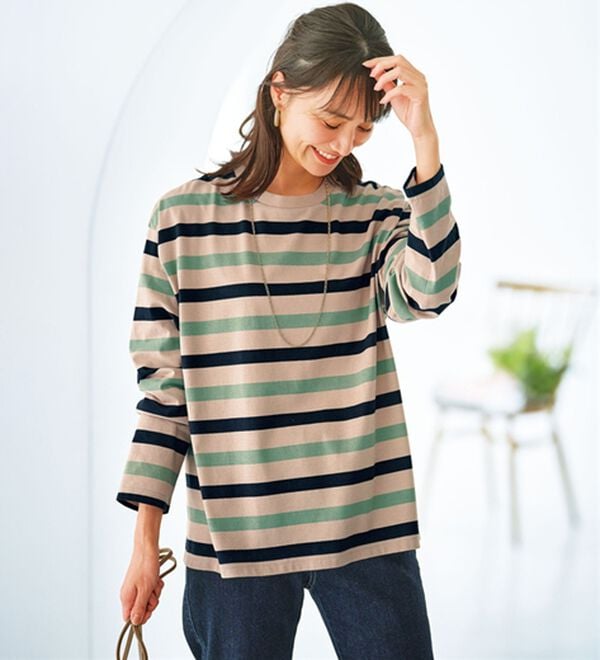 BELLUNA（ベルーナ）の「綿１００％配色ボーダープルオーバー（カットソー）」｜ミント×ベージュ