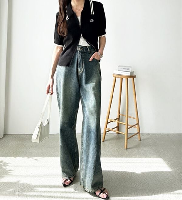 GeeRA（ジーラ）の「美脚見え！２ボタンウエストワイドデニムパンツ（フルレングスパンツ）」｜詳細画像