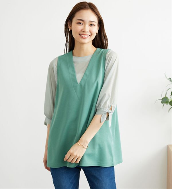 BELLUNA（ベルーナ）の「【2点セット】ストライプシャツ×ベストアンサンブル（アンサンブル）」｜詳細画像