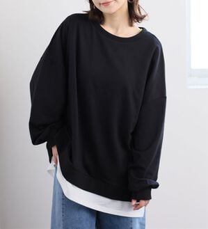 A HAPPY MARILYN（アハッピーマリリン）の「【Ｌ～１０Ｌ】ゆるっと楽ちん！着ぶくれ回避の　重ね着風　ミニ裏毛　プルオーバー（カットソー）」｜ブラック／オフ