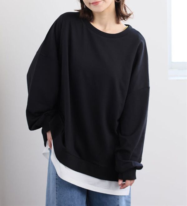 A HAPPY MARILYN（アハッピーマリリン）の「【Ｌ～１０Ｌ】ゆるっと楽ちん！着ぶくれ回避の　重ね着風　ミニ裏毛　プルオーバー（カットソー）」｜ブラック／オフ