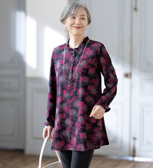 ルフラン（ルフラン）の「日本製衿フリルニットちりめんチュニック（チュニック）」｜ピンク系花柄