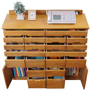 「２口コンセント付　天然木桐製ひきだしいっぱいキャビネット　桐製マルチラック（ラック・棚・本棚）」｜詳細画像