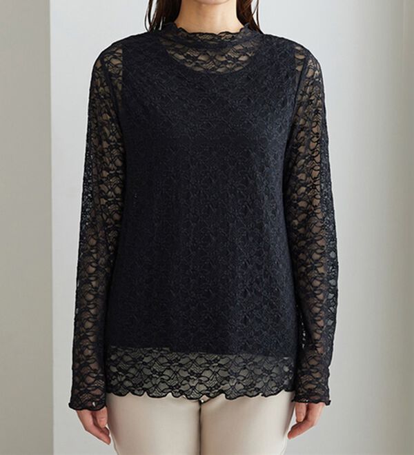 BELLUNA（ベルーナ）の「【重ね着にぴったり♪】のびやかレース素材メロー使いインナー（カットソー）」｜詳細画像