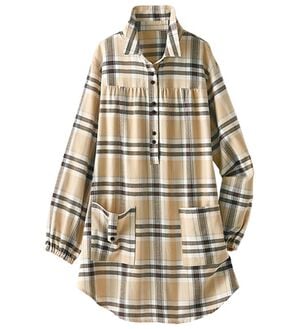 BELLUNA（ベルーナ）の「綿１００％おしゃれかっぽうシャツ（ホームウェア）」｜ベージュ系チェック